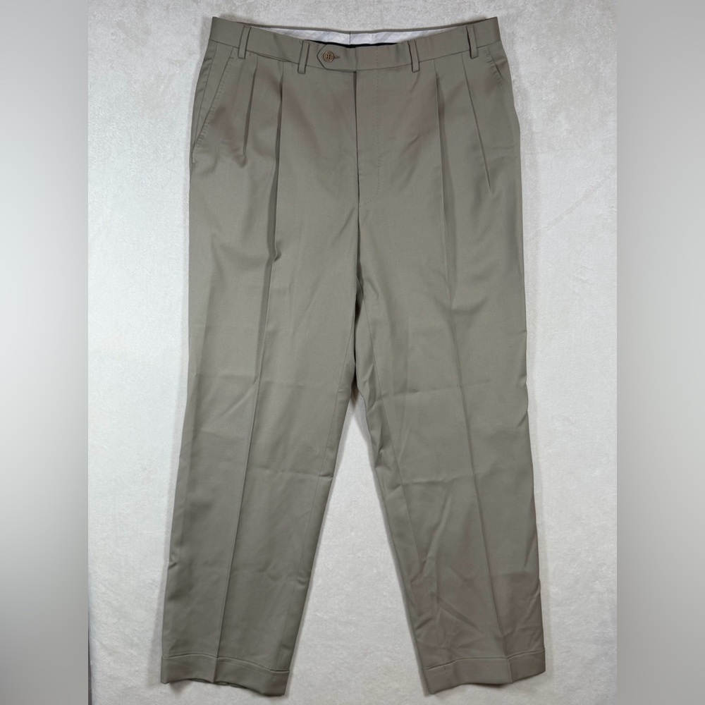 Canali Men's 100% Wool Micro Herringbone Beige Classic Lux Dress Pants